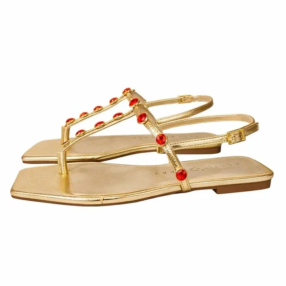NIB Katy Perry The Camie Gemstone Sandal 5.5 Gold Red Jewels Square Toe Flat - Picture 5 of 11